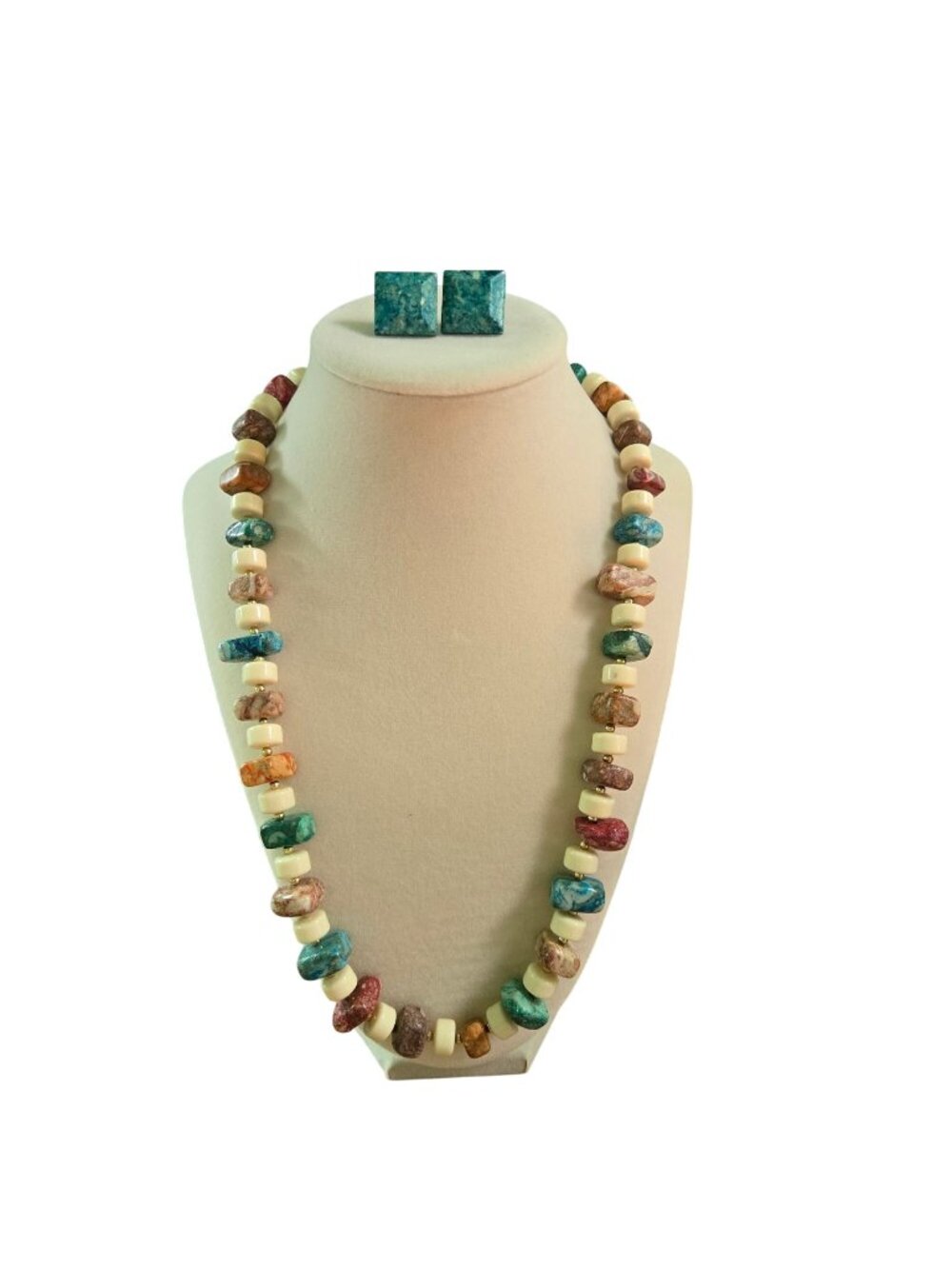 Vintage Natural Gemstone Beaded Necklace Earring Set Dyed Howlite/Jasper